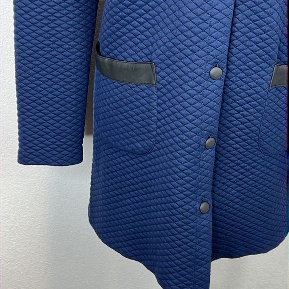 Sezane Quilted Long Line Jacket Navy with Black Leather Trim Size Medium - Picture 3 of 15